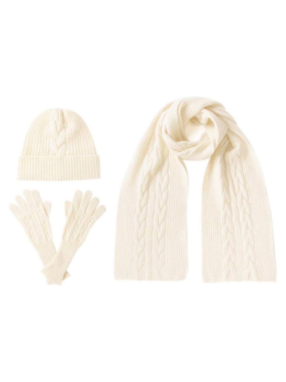Women's 3 Piece 100% Pure Cashmere Scarf Hat Gloves Set Cable Knit Winter Gift